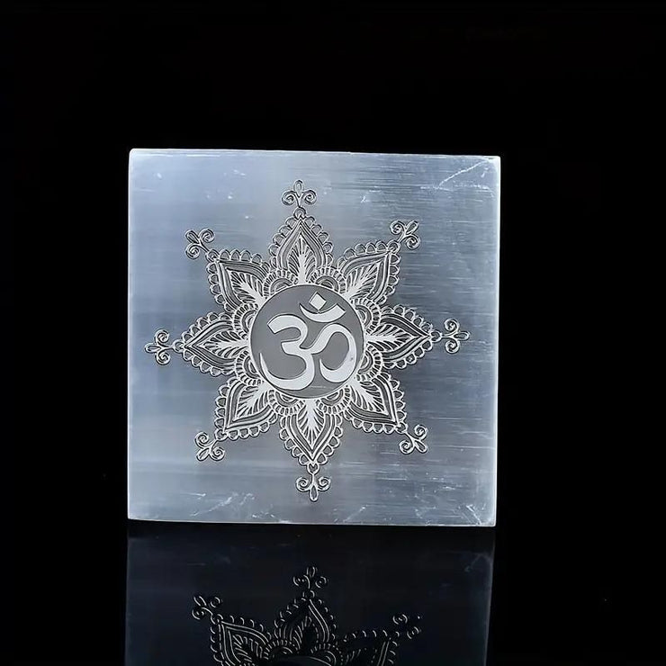 Selenite Charging Plate (Satin Spar Selenite) | Man Surrounded With Chakra Symbols