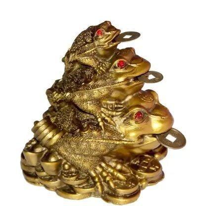 Triple Frog Family With Money Coin & Ingot for health Wealth Power & Prosperity - 10 cm