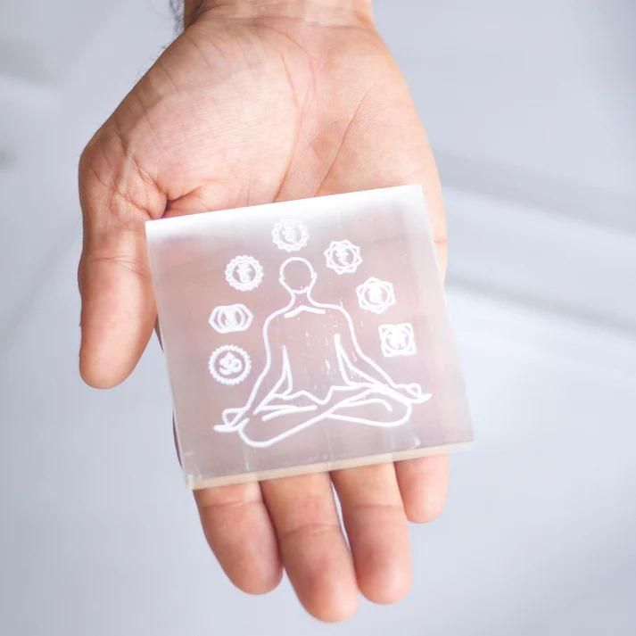 Selenite Charging Plate (Satin Spar Selenite) | Man Surrounded With Chakra Symbols