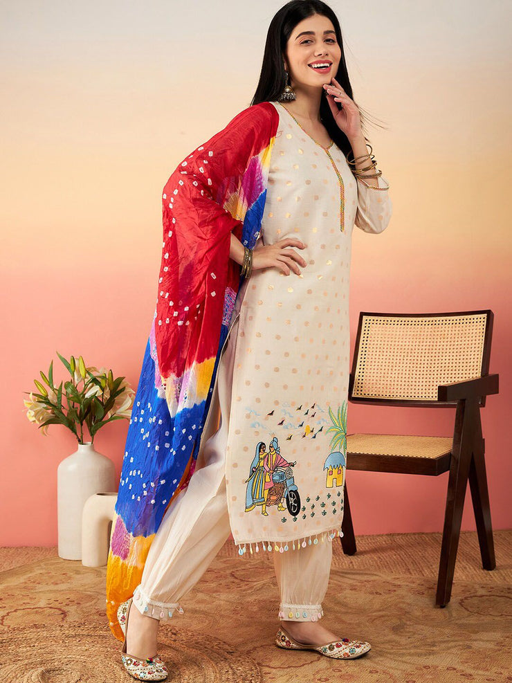 Ethnic Motifs Printed Pure Cotton Straight Kurta With Salwar & Dupatta