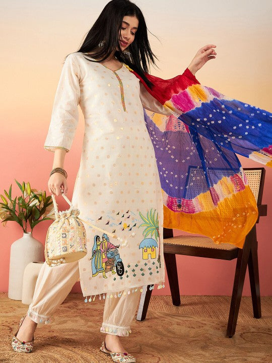 Ethnic Motifs Printed Pure Cotton Straight Kurta With Salwar & Dupatta