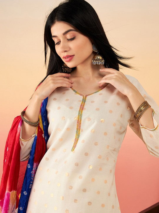 Ethnic Motifs Printed Pure Cotton Straight Kurta With Salwar & Dupatta