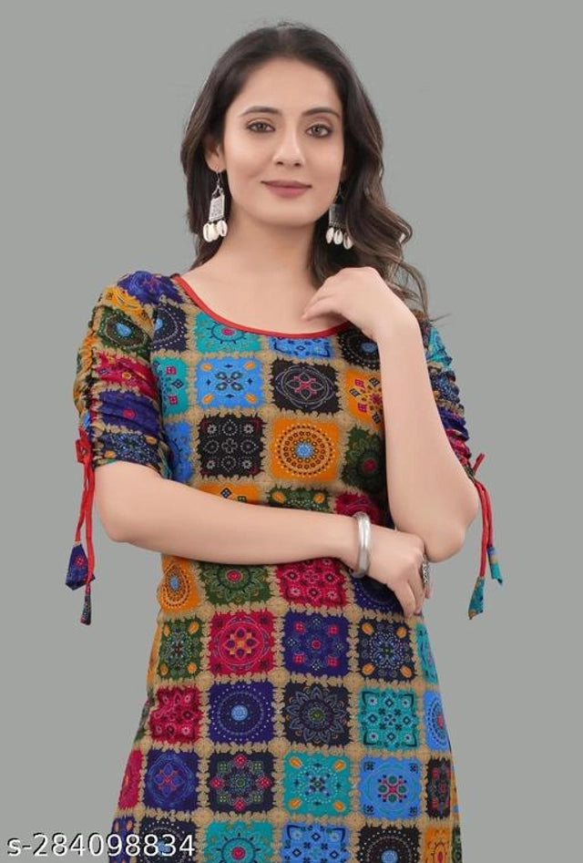 Rayon Printed Kurti for Women (Blue,M)