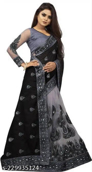 Net Embroidered Saree for Women (Black, 6.3 m)