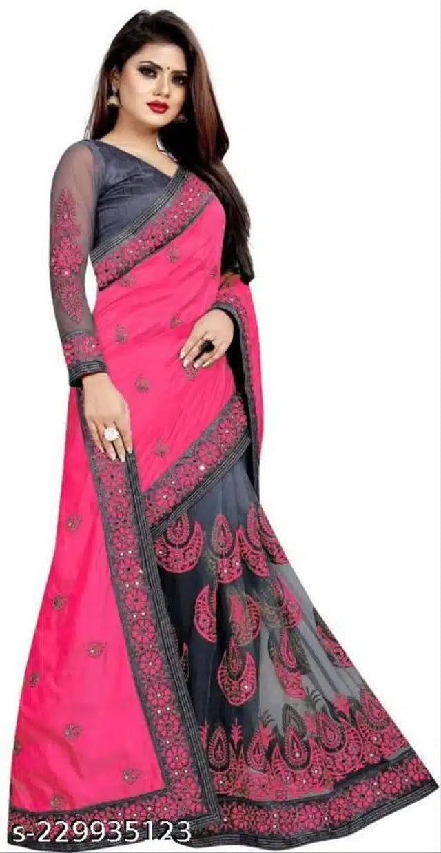 Net Embroidered Saree for Women (Black, 6.3 m)