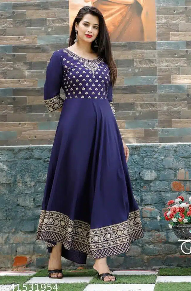 Rayon Printed Anarkali Kurti for Women (Blue, S)