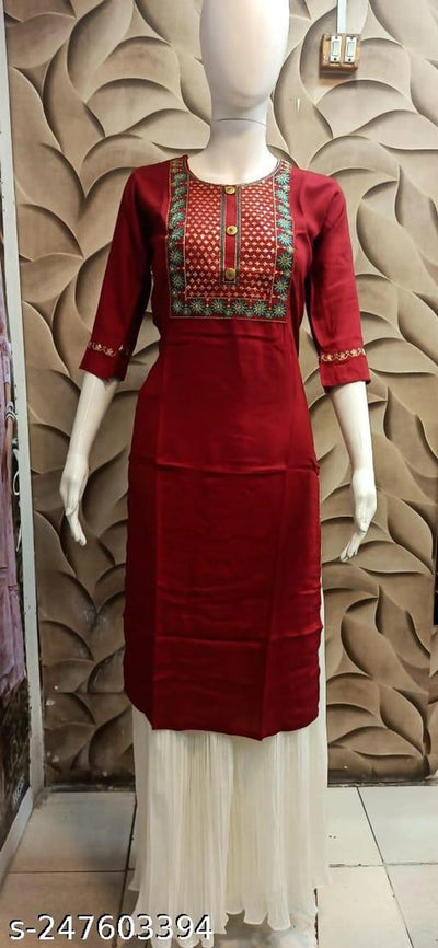 Rayon Slub Printed Kurti for Women (Maroon, M)