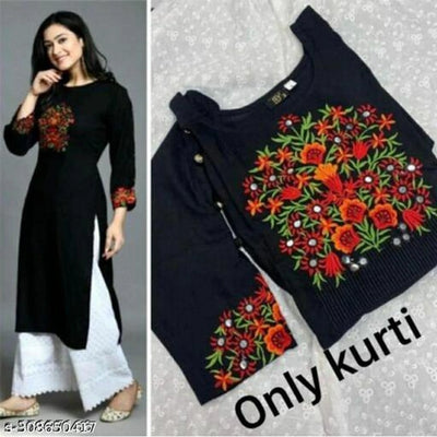 Rayon Embroidered Kurti for Women (Black, S)