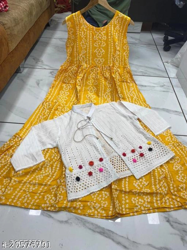 Rayon Printed Anarkali Kurti with Jacket for Women (Yellow & White, M)